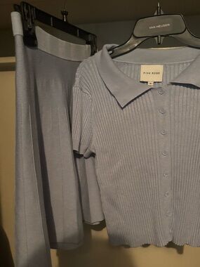 Pink Rose Ribbed Button-Up Polo Top and Matching Skirt in Light Blue